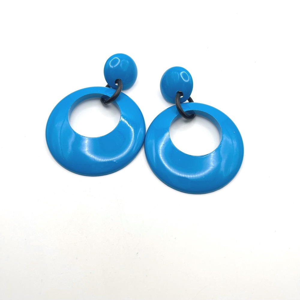 Vintage 80s Bright Blue Hoop Door Knocker Earrings Retro Geometric